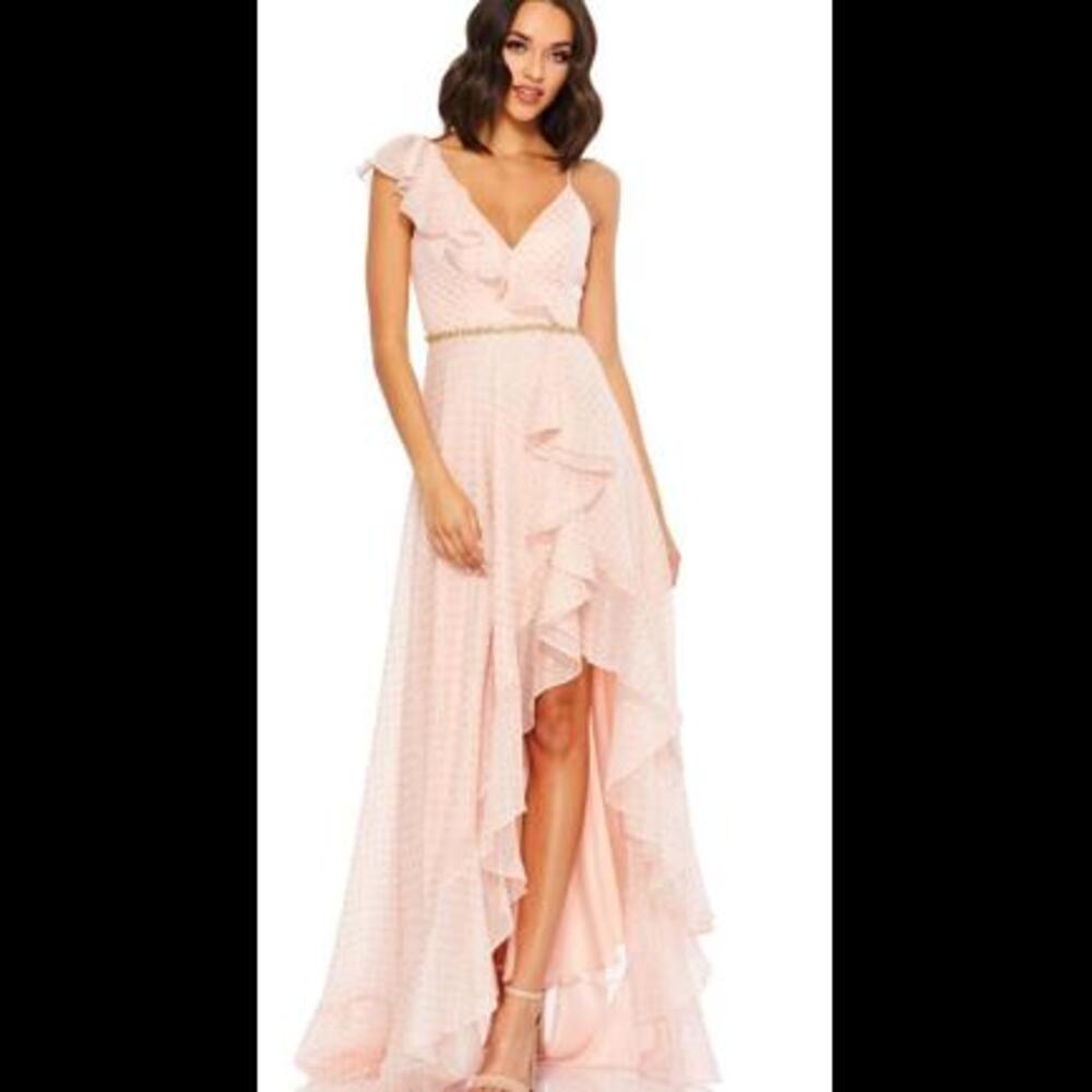 GB12 NWT Mac Duggal 49330M Ruffle Slit Polka Dot Dress, Sz 10